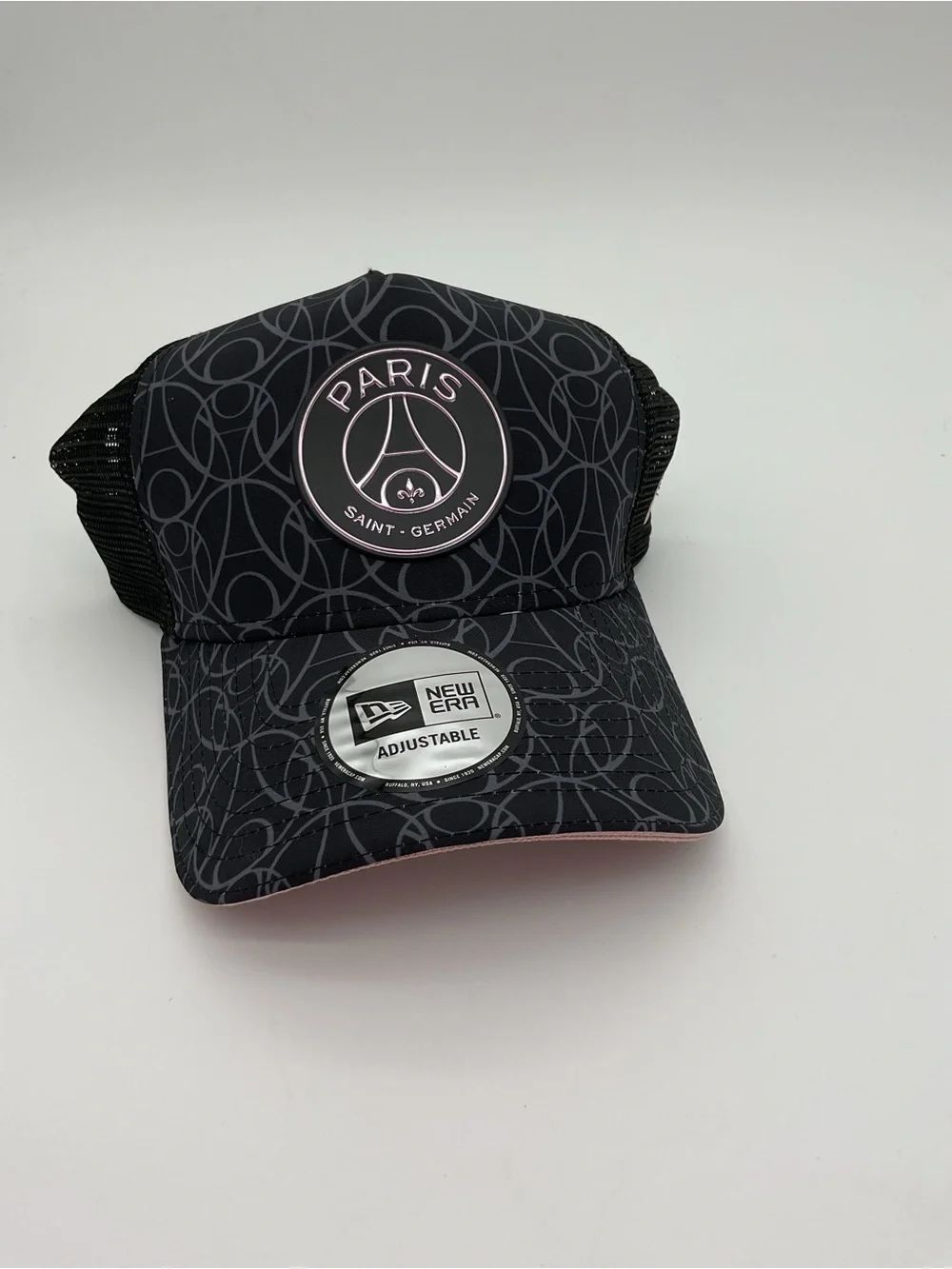 New Era Paris Saint Germaine Black Mesh Trucker Cap with Pink Undervisor